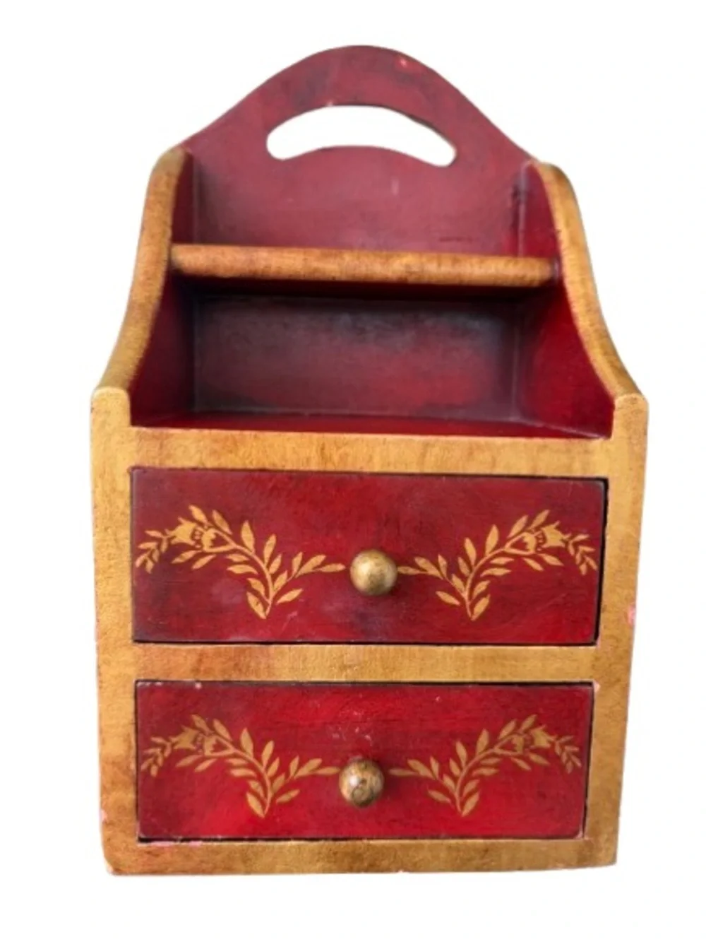 Vintage Style Wooden Two-Drawer Organizer Hand Painted Rustic Farmhouse 9.5”